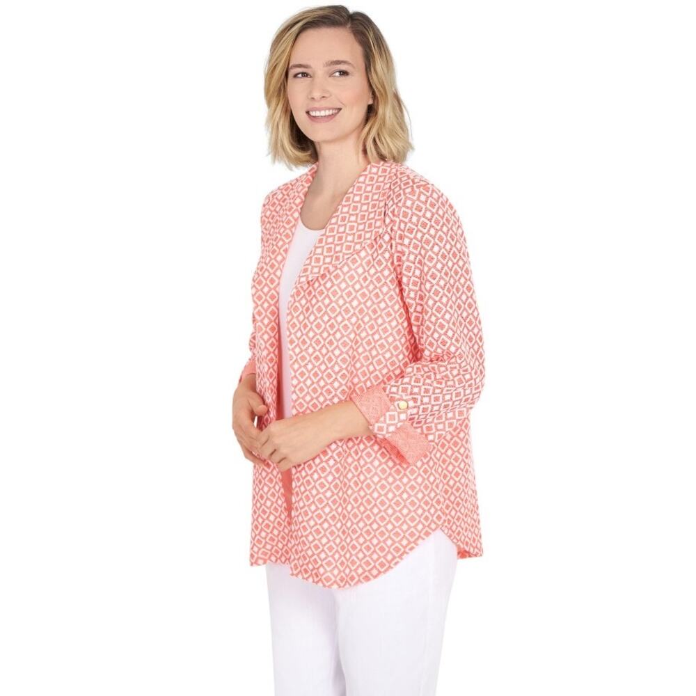 Ruby Rd Womens size 3X Diamond Print Collared Open Cardigan Coral